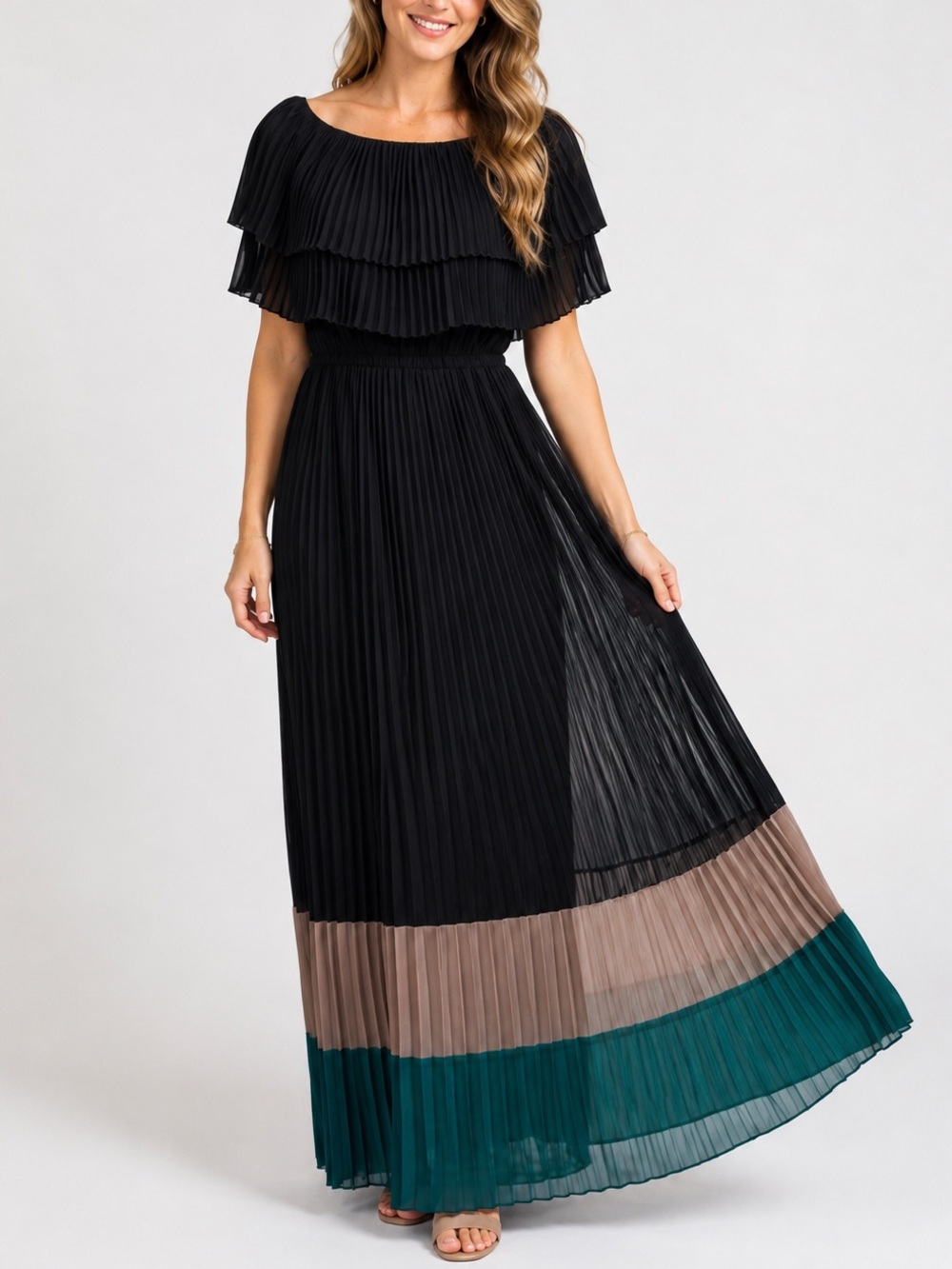 IMAN Pleated Black Maxi Dress Womens Small Colorblock Hem Ruffle Overlay